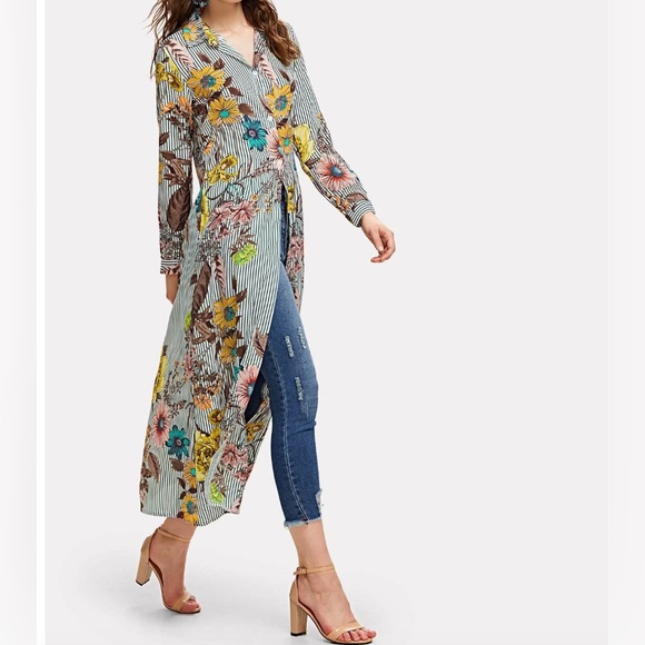 Boho Striped Floral Longline Shirt - Picture 4 of 10